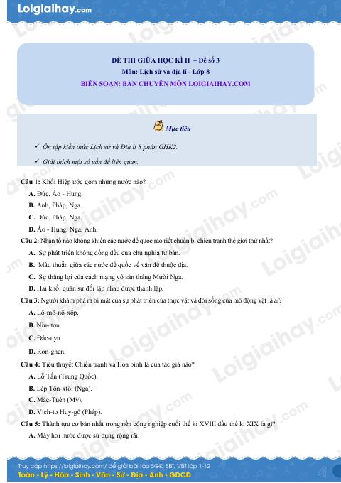 Đề thi giữa kì 2 Lịch sử và Địa lí 8 - Đề số 3